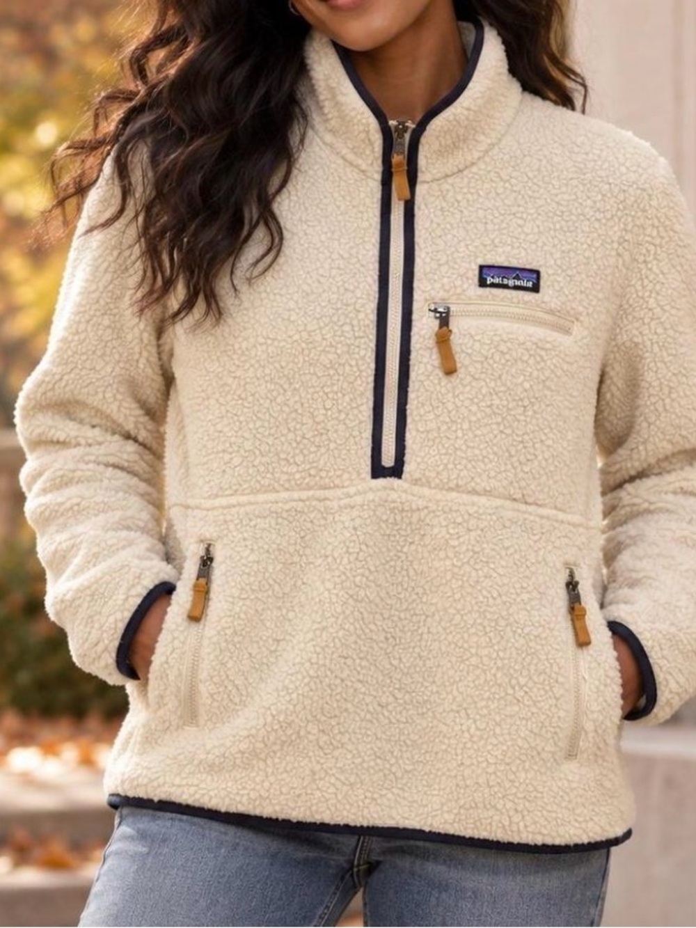 Patagonia Womens Retro Pile Marsupial Fleece Pullover XL Natural Cream Navy